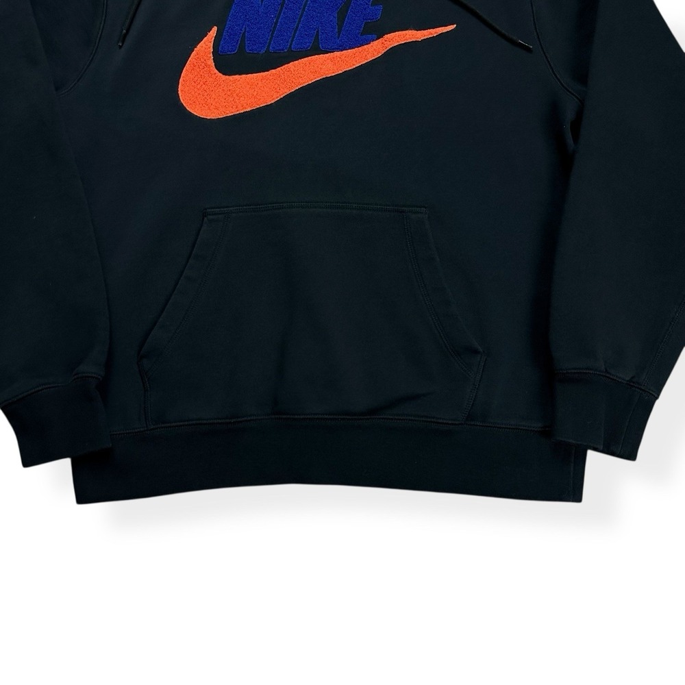 Nike Men's Club Fleece Pullover Hoodie Black Orange Size Medium Fuzzy Spell Out - Picture 5 of 16